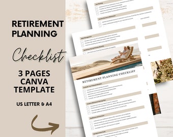 Könnte beinhalten: Eine druckbare Checkliste zur Altersvorsorge mit drei Seiten. Die Checkliste ist für die Verwendung mit Canva konzipiert und in den Formaten US Letter und A4 verfügbar. Die Checkliste umfasst Abschnitte zu Steuerplanung, Schuldenmanagement, Bewertung Ihrer finanziellen Situation, Erstellung eines Altersvorsorgeplans, Gesundheitswesen und Versicherung sowie Festlegung von Alterszielen.