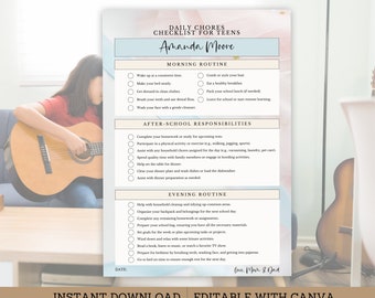Teenager Daily Chores Cheklist Template, Teen Daily Routine List, Girls Chores, Organized, Ins Download, Edit Canva 2 Sizes, Printable, SL01