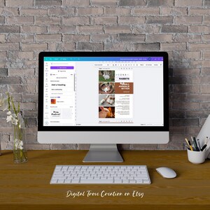 May include: A computer screen displaying a digital design for a flyer advertising a small animal sitter service. The flyer features a photo of a rabbit and the text "Rabbits - Small Animals Sitter".