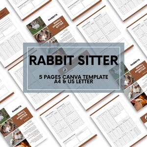 May include: A printable Canva template for rabbit sitters. The template includes five pages with a checklist for rabbit care, feeding, and other important information. The template is available in A4 and US Letter sizes.