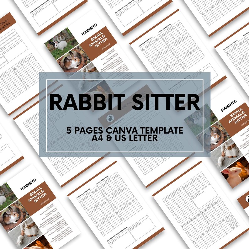 May include: A printable Canva template for rabbit sitters. The template includes five pages with a checklist for rabbit care, feeding, and other important information. The template is available in A4 and US Letter sizes.