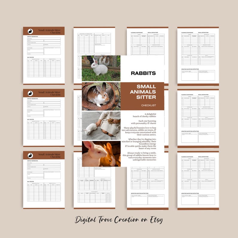 May include: A printable checklist for small animal sitters, featuring a photo of a white rabbit and a brown and white rabbit. The checklist is titled "Rabbits Small Animals Sitter Checklist" and includes the text "A delightful bunch of cheeky rabbits with personality of charm. Each one learning these playful bunnies have to help into adventures, subtle or roars, of keep every day curious antics. Whether they're digging there if trouble quickly make them the boundless energy. Always ready to bring a smile, this group of furballs will make sure everyday moments into unforgettable memories."