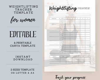 Weightlifting Tracker Template, Women's Fitness Journal, Training Log, Exercise Schedule, Inst. Download, Edit Canva 2 Size, Printable, ST07