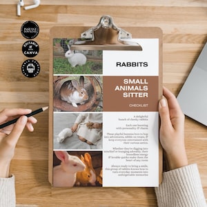 May include: A checklist for rabbit sitters with a brown background and images of rabbits. The checklist includes information about the personality and care of rabbits.