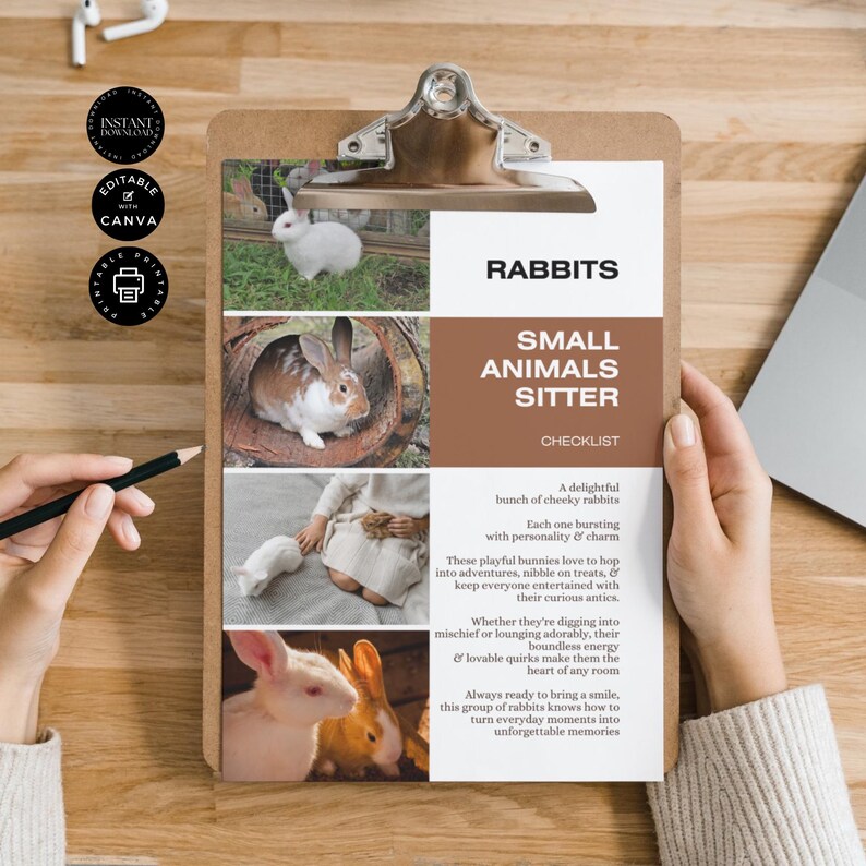 May include: A checklist for rabbit sitters with a brown background and images of rabbits. The checklist includes information about the personality and care of rabbits.