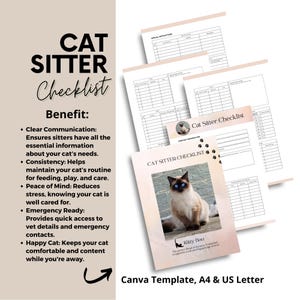 Pet Cat Sitter Checklist Template, Cat Sitting Away Holiday Care Instructions Sheet, Editable Canva A4 & US letter, Instant Download, SL23