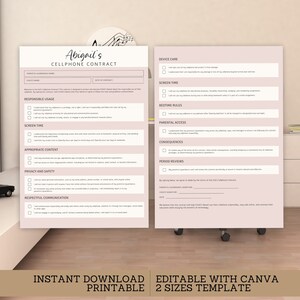 Puede incluir: Una plantilla imprimible en rosa y blanco de contrato de teléfono móvil con el título "Abigail's Cellphone Contract". El contrato incluye secciones sobre uso responsable, tiempo de pantalla y acceso parental. La parte inferior de la imagen dice "Descarga instantánea imprimible" y "Editable con Canva 2 tamaños de plantilla".