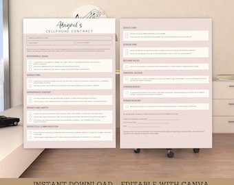 Teenager Cell Phone Contract Template, Teen Mobile Phone, Smart phone, Agreement, Girls, Ins Download, Edit in Canva 2 Size, Printable, SF02