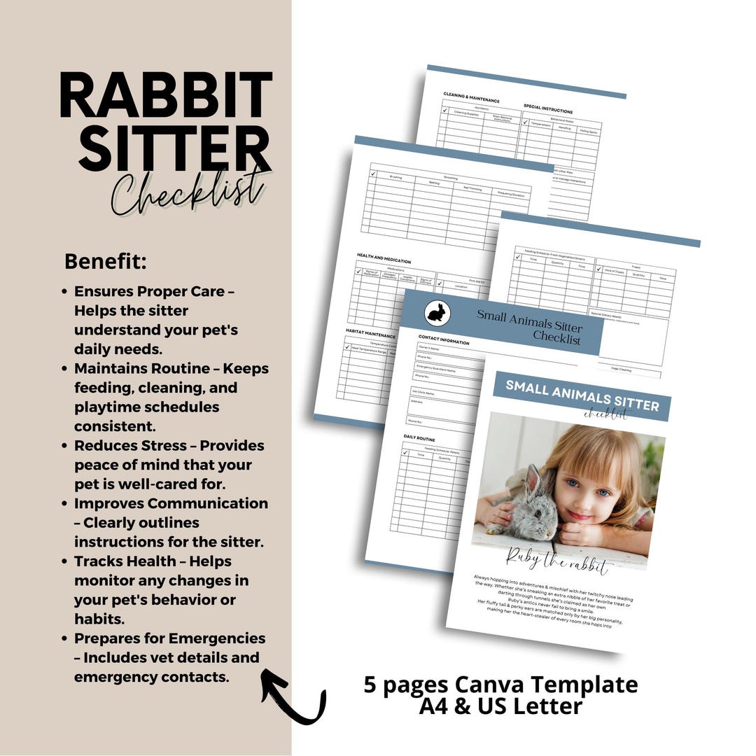 Rabbit Sitter Checklist Template, Small Animal Care, Bunny, Away ...