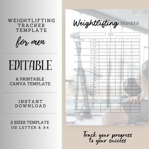 Può includere: Un modello stampabile di monitoraggio del sollevamento pesi con il testo "Weightlifting Tracker Template for men". Il modello è modificabile e disponibile per il download immediato nei formati US Letter e A4. Il design include sezioni per esercizio, serie, peso e ripetizioni.