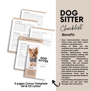 May include: A printable checklist for dog sitters. The checklist is designed to help dog owners communicate with their dog sitters and ensure their dog's needs are met while they are away. The checklist includes sections for contact information, health and medication, feeding, walking, and special instructions. The checklist also includes a benefit section that highlights the advantages of using a checklist, such as clear communication, peace of mind, and trust building.