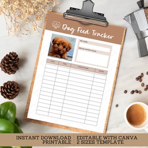 May include: Printable dog feed tracker with a brown background and a photo of a puppy. The tracker has columns for date, time, type of food, and notes.