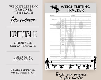 Weightlifting Tracker Template, Women's Fitness Journal, Training Log, Exercise Schedule, Inst. Download, Edit Canva 2 Size, Printable, ST05