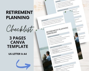 Könnte beinhalten: Eine dreiseitige Checkliste zur Altersvorsorge, die für Canva entwickelt wurde. Die Checkliste umfasst Abschnitte zur Bewertung Ihrer finanziellen Situation, zur Erstellung eines Altersvorsorgeplans, zur Gesundheitsversorgung und Versicherung sowie zur Festlegung von Alterszielen. Die Checkliste ist mit einem Paar illustriert, das auf einer Bank in einem Park sitzt.