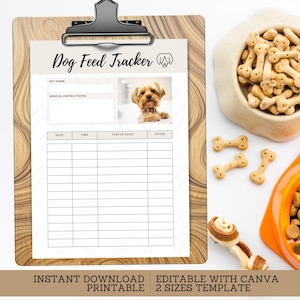 May include: Printable dog feed tracker with a woodgrain background. The tracker has sections for pet name, special instructions, date, time, type of food, and notes. There is a photo of a small dog in the top right corner.