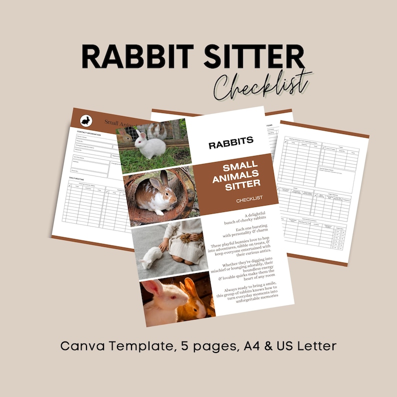 May include: A printable checklist template for rabbit sitters. The checklist includes sections for rabbit information, daily routines, and notes. The template features images of rabbits in a brown and white color scheme. The text on the template reads "Rabbit Sitter Checklist" and "Small Animals Sitter Checklist".