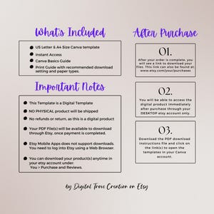 May include: A digital download guide with instructions for using a Canva template. The guide includes information about the template's features, how to access it, and how to download it. The guide also includes important notes about the digital product, such as the fact that it is not a physical product and that it is not returnable.