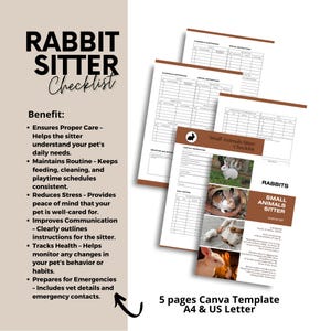 May include: A printable checklist template for rabbit sitters. The checklist includes sections for daily routines, feeding, cleaning, and playtime schedules. The template is designed to help ensure proper care for rabbits and reduce stress for both the rabbit and the sitter. The template is available in A4 and US Letter sizes.