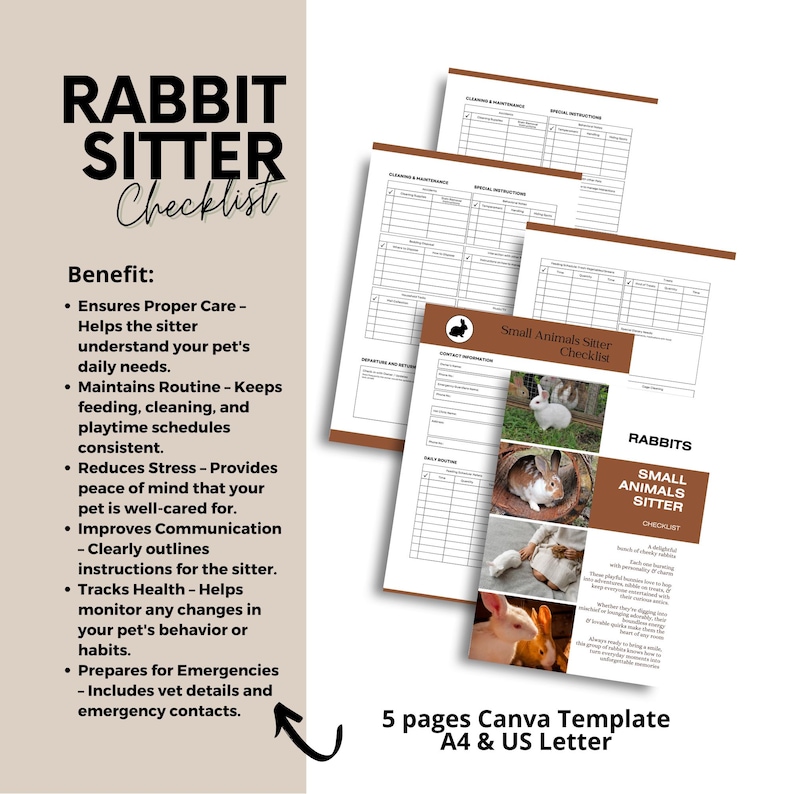 May include: A printable checklist template for rabbit sitters. The checklist includes sections for daily routines, feeding, cleaning, and playtime schedules. The template is designed to help ensure proper care for rabbits and reduce stress for both the rabbit and the sitter. The template is available in A4 and US Letter sizes.