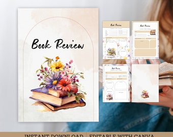 Book Review Template, Book Club Essentials , Reading Tracker, Reader Journal, Book Log, Printable & Editable 5 pages Canva, 2 sizes, SF04