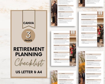 May include: A printable checklist for retirement planning with three pages. The checklist is designed for US Letter and A4 paper sizes. The checklist includes sections on evaluating your financial situation, creating a retirement savings plan, healthcare and health insurance, debt management, social security and pension benefits, investment strategy, income planning, tax planning, downsizing and housing, and legal and estate considerations.
