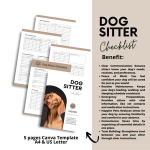 May include: A printable dog sitter checklist template with a brown and white color scheme. The checklist includes sections for health and medication, house access and security, daily routine, and special instructions. The template features a photo of a brown and white dog named Jasper. The text "Dog Sitter Checklist" is displayed on the template. The text "5 pages Canva Template A4 & US Letter" is displayed below the template.
