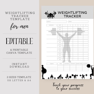 Trackersjabloon gewichtheffen, fitnessdagboek voor heren, trainingslogboek, trainingsschema, inst. Downloaden, Canva-formaat bewerken 2, afdrukbaar, ST06