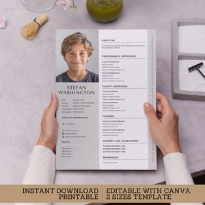 Modello di curriculum per attore bambino, curriculum di recitazione modificabile, ragazzi, CV con foto segnaletica, curriculum vitae, download Ins, modifica dimensione Canva 2, SC02 stampabile
