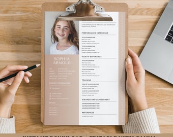 May include: A light brown resume template featuring a photograph of a young girl in the top left corner. The template is designed for a child actor and includes sections for performance experience, film/TV experience, training, awards and achievements, skills, and references. The text "INSTANT DOWNLOAD PRINTABLE EDITABLE WITH CANVA 2 SIZES TEMPLATE" is at the bottom of the template.