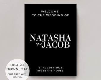 May include: A black wedding welcome sign with white text. The sign reads "WELCOME TO THE WEDDING OF NATASHA and JACOB" with the date "21 AUGUST 2023" and "THE FERRY HOUSE" at the bottom. A digital download is available.