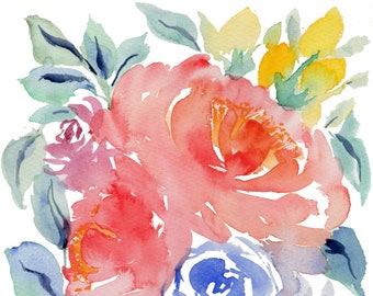 Watercolour Art Print - Peonies and Roses in a Blended Composition