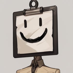 Op de afbeelding: Illustratie van een persoon met een klembord als hoofd. Het klembord heeft een lachend gezicht getekend met zwarte lijnen. De persoon draagt een beige overhemd en stropdas.