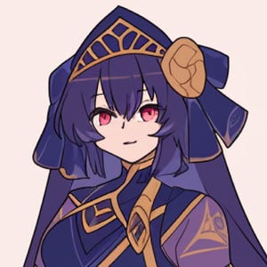May include: Anime-style illustration of a character with long, dark purple hair and red eyes. The character wears a dark blue outfit with gold accents, a matching headpiece, and a decorative gold ear accessory. The overall style is reminiscent of fantasy or role-playing game aesthetics.