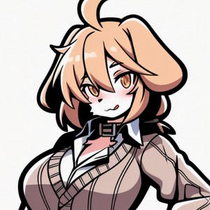 May include: An anime-style illustration of a dog-like character with tan fur, large ears, and brown eyes. The character wears a collared shirt and a sweater vest. The image has a clean, cartoonish style with bold outlines and soft shading.