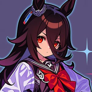 May include: Anime-style illustration of a female character with long dark hair and red eyes. She wears a school uniform with a red bow and a decorative headpiece. The background is a gradient of purple and blue.
