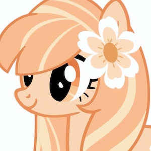 May include: A cartoon illustration of a pony with peach-colored fur and a white flower in its hair. The pony has large, expressive eyes and a gentle smile. The mane and tail are a lighter shade of peach with cream-colored highlights.