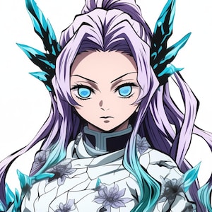 May include: An anime-style character illustration featuring long, lavender hair and bright blue eyes. The character is dressed in a white outfit with floral and crystal-like details. The image has a fantasy theme.