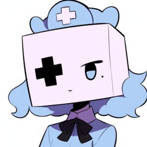 Op de afbeelding: Een cartoonillustratie van een personage met een doosvormig hoofd, een zwart kruis en een klein oog. Het personage draagt een lichtblauwe verpleegstersmuts met een wit kruis, een lichtblauw uniform en een zwarte vlinderdas. De stijl is eenvoudig en schattig.