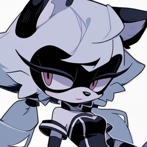 Puede incluir: Ilustración digital de un personaje antropomórfico con máscara negra, pelaje blanco y negro y atuendo blanco y negro. El personaje tiene ojos rosados y una pequeña sonrisa. La imagen tiene una estética limpia y moderna.