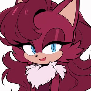 May include: A digital illustration of a female anthropomorphic hedgehog character. The character has burgundy fur, blue eyes, and a light pink muzzle. She has long, flowing hair and a white fur collar. The character is smiling.