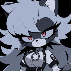 Puede incluir: Ilustración digital de un personaje de mapache antropomórfico con una expresión seria. El personaje tiene pelaje gris, ojos rosados y lleva un arnés con un anillo de metal. El fondo es negro.