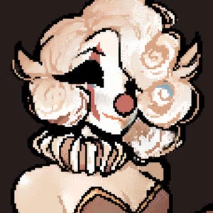 May include: Pixelated illustration of a clown with a pale complexion, red nose, and a white ruffled collar. The clown has large, expressive eyes and a painted smile. The hair is styled in voluminous curls, and the background is a dark brown.