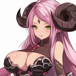 May include: An anime-style illustration of a female character with pink hair and green eyes. She has large black horns and is wearing a black and white outfit. A diamond-shaped marking is on her forehead.