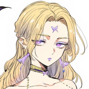 May include: Illustration of a woman with long, wavy blonde hair and purple eye makeup. She wears a purple butterfly on her forehead and matching earrings. A gold and purple choker necklace adorns her neck.