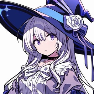 May include: An anime-style illustration of a character with long white hair and purple eyes. The character wears a dark blue witch hat with a white rose and a matching dress. A black choker is around the neck.