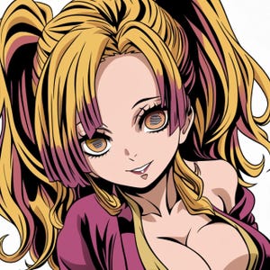 May include: Anime-style illustration of a woman with long, wavy blonde hair with pink highlights styled in two high ponytails. She has large, expressive eyes and is wearing a dark pink top. The image is a digital drawing with bold outlines and vibrant colors.