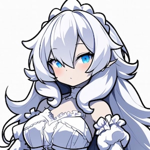 May include: Anime-style illustration of a character with long, flowing white hair and bright blue eyes. The character is wearing a white outfit with frills and lace, and has a gentle expression with rosy cheeks. The artwork is clean and detailed.