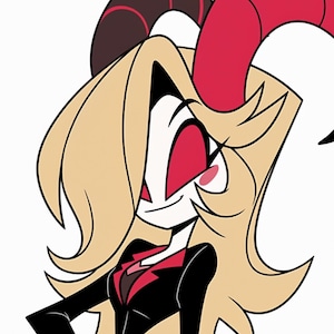 Puede incluir: Ilustración de dibujos animados de un personaje con largo cabello rubio ondulado y ojos rojos. El personaje lleva un traje negro con un diseño de rayo rojo. El personaje tiene cuernos rojos y una cara blanca.