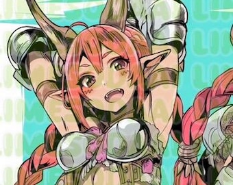 May include: Anime-style illustration of a female character with long red hair in braids, wearing armor and a horned helmet. The character has large eyes and a playful expression. The background is a light teal color with some text.