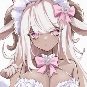 May include: An anime-style illustration of a character with light skin, white hair, and pink eyes. The character wears a white dress with a pink bow and a pearl necklace. The character has horns and a fluffy headpiece.